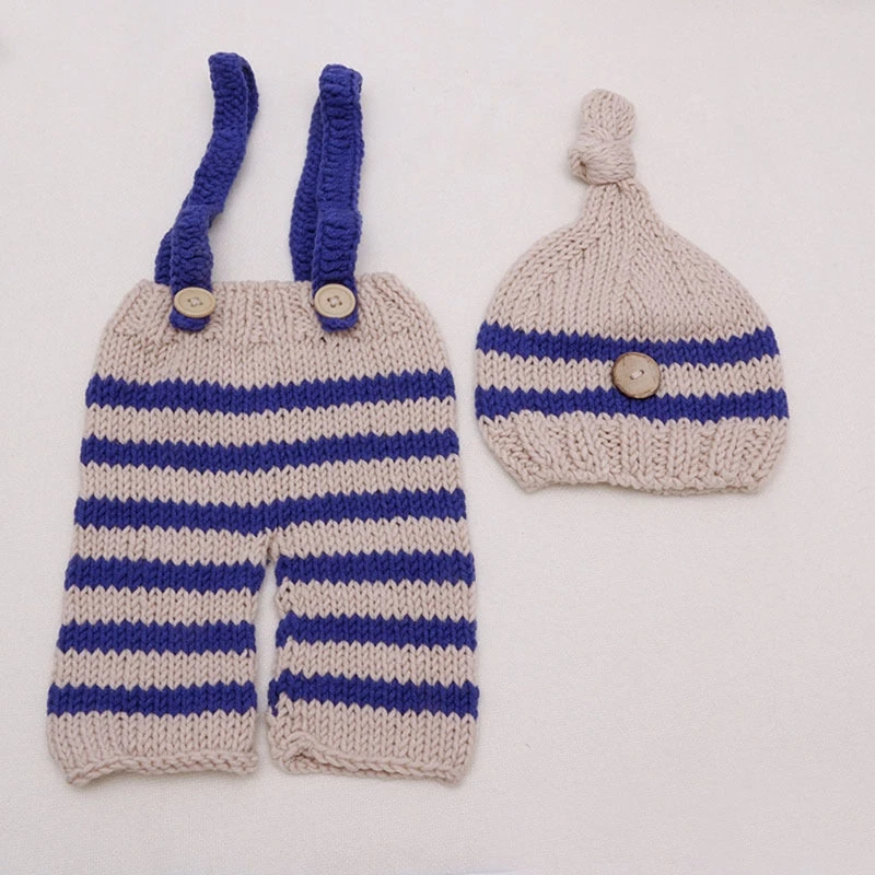 

RIRI Baby Striped Knitted Hat and Jumpsuit Kit Newborn Baby Boys Cute Crochet Knit Costume Photography Prop Outfits Photo