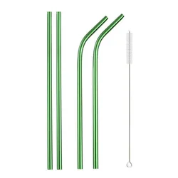 Eco-Friendly Stainless Steel Reusable Straw Set with Cleaning Brushes (5Pcs Green)