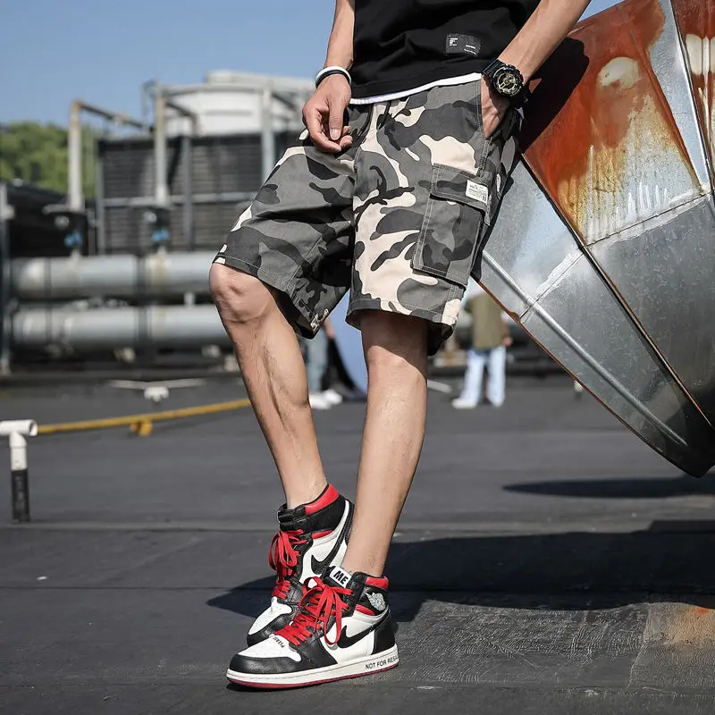 2023 summer camouflage Waist drawstring Pockets knee length pants man american style fashion Loose Casual cotton motion shorts