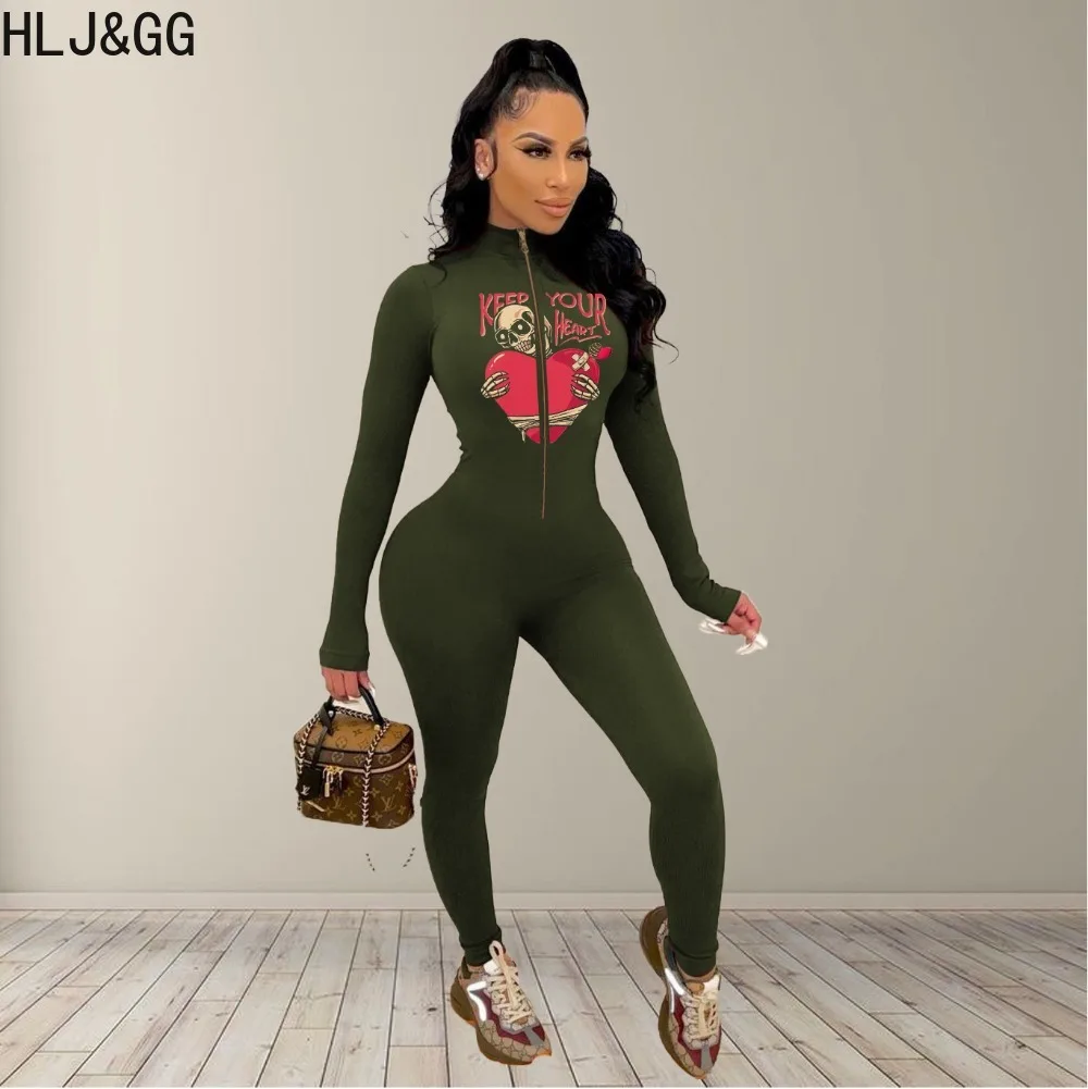 HLJ&GG Sexy Pattern Printing Bodycon Jumpsuits Women Zipper Long Sleeve Skinny Pants One Piece Playsuits Casual Sporty Overalls