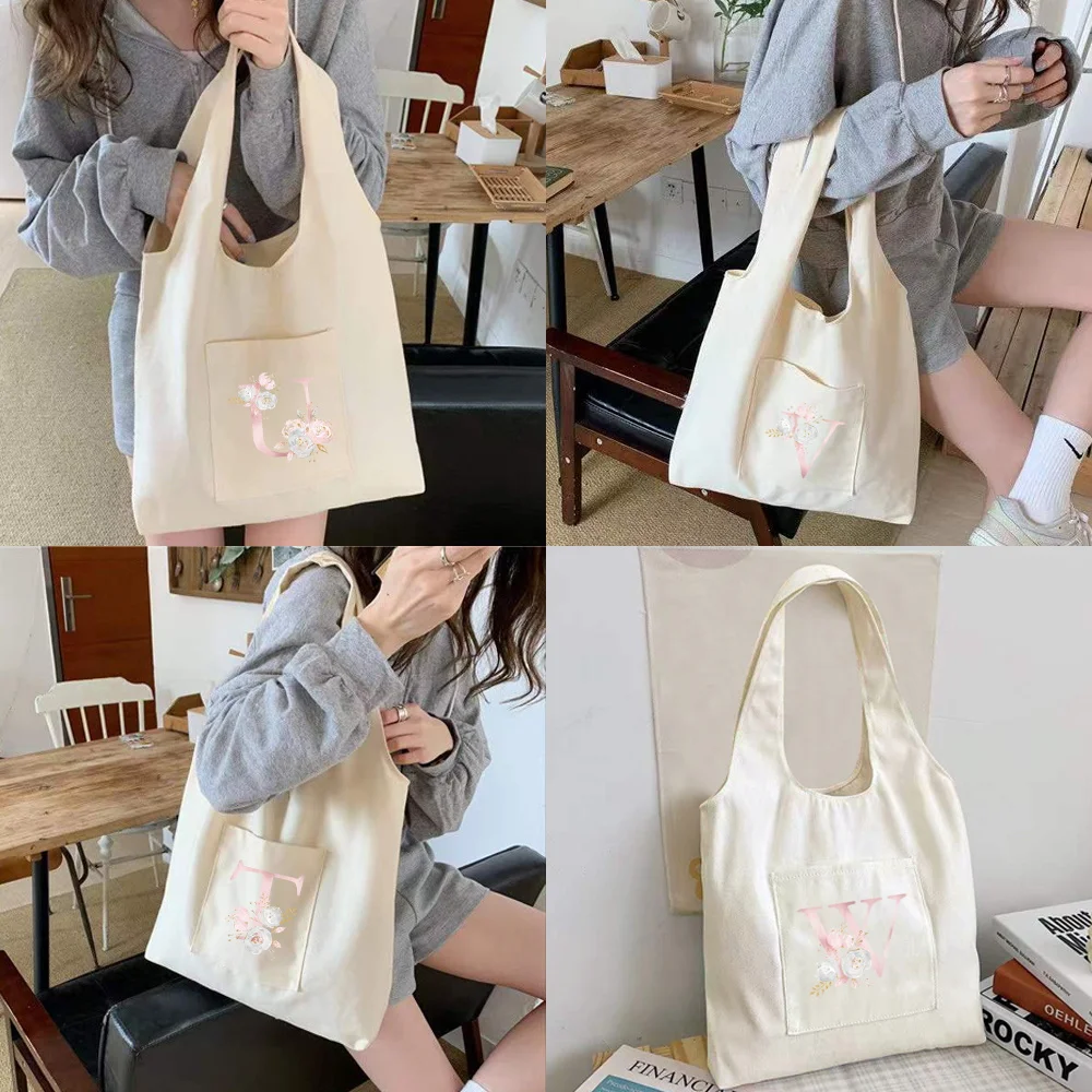 

Pink Flower Canvas Vest Bag Shopper Shoulder Bag Eco Foldable Reusable HandBags Book Key Phone Storage Bag Large Women Tote Bags