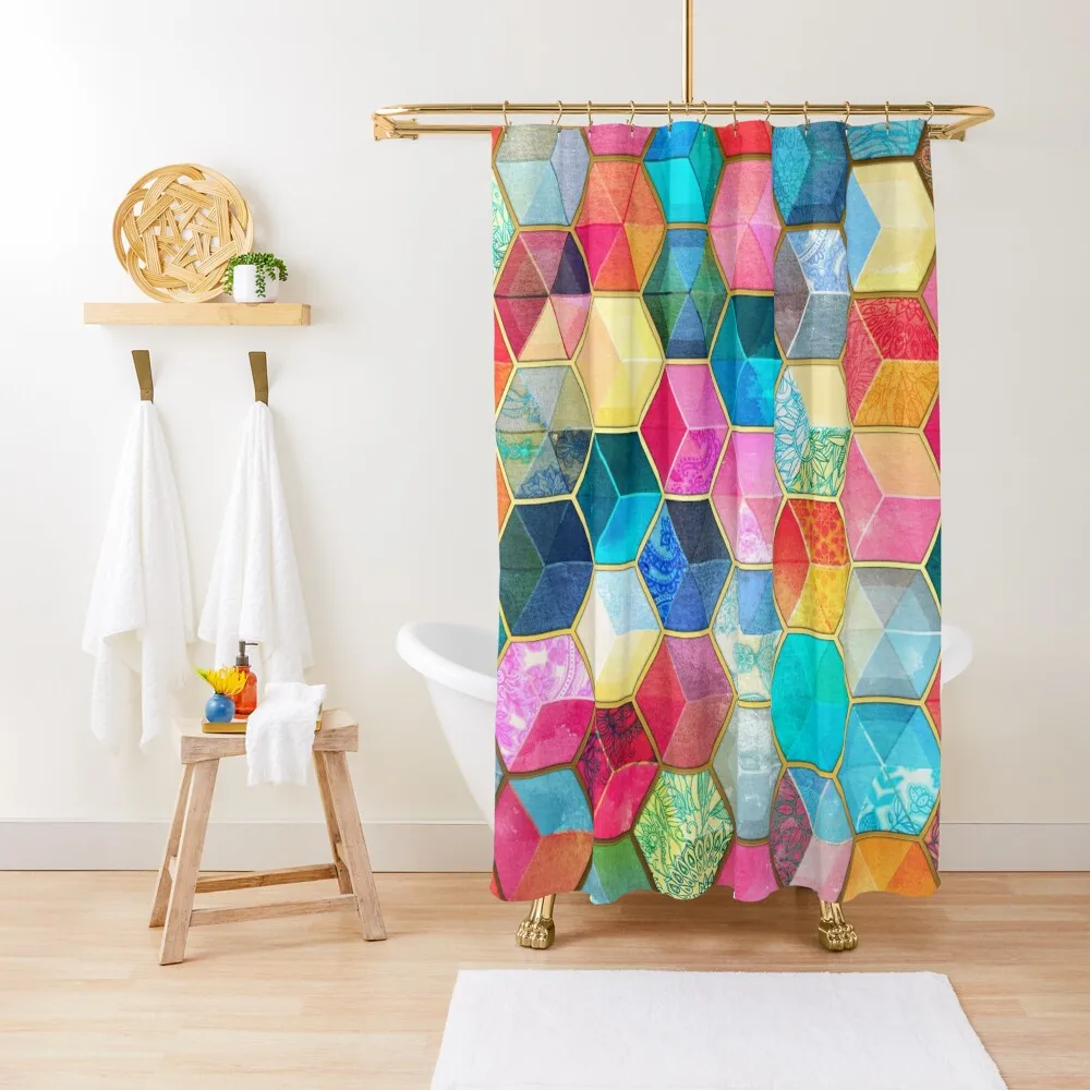 

Crystal Bohemian Honeycomb Cubes - colorful hexagon pattern Shower Curtain Cute Shower Curtain Shower Curtain Set