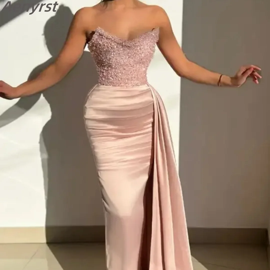 

Luxury Evening Dresses Beads Sequined Mermaid Long Prom Gown Satin Strapless Bridemaid Gowns Dubai Plus Size Wedding Party Dress