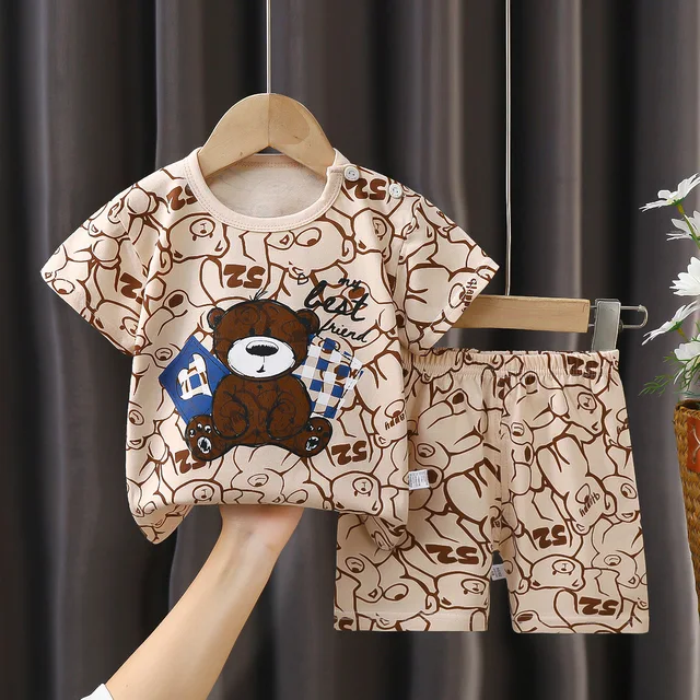 Vêtements imprimés de dessins animés, vêtements de maison en pur coton, costumes 2 pièces pour tout-petits, mode, survêtements mignons et décontractés, T-shirt + short contrasté 1