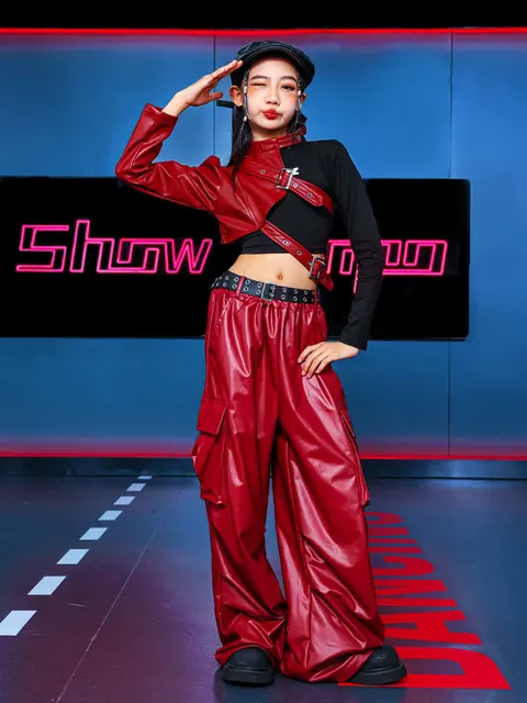 Kid Hip Hop Clothing T Shirt Crop Top Wine Red Arm Sleeve Faux Leather Casual Cargo Pants for Girl Jazz Dance Costumes Clothes - Image 2