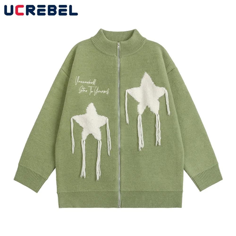 

Five-pointed Star Towel Embroidery Knitted Sweater Mens Autumn Loose Long Sleeve Stand Collar Cardigan Outerwear Men