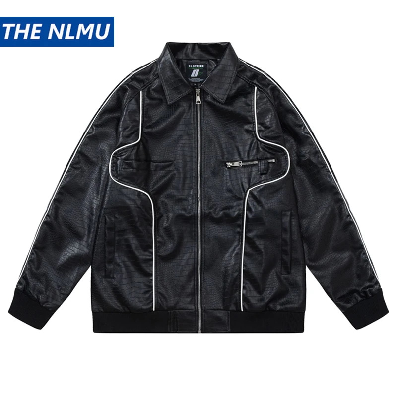 

2023 Autumn PU Leather Jacket Men Letter Embroidery Patchwork Motorcycle Jackets and Coats Harajuku Unisex Clothing