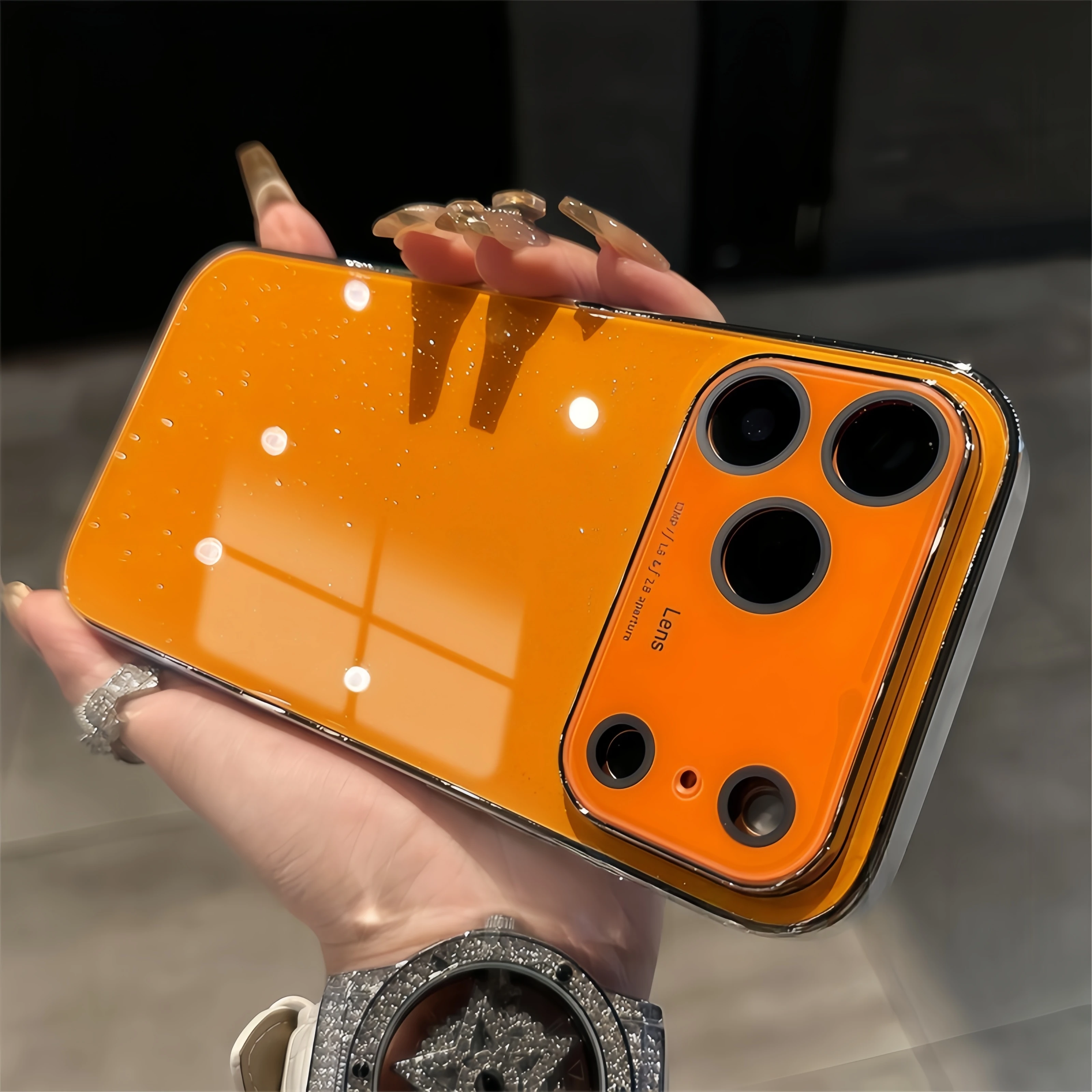 Luxury Shiny Glitter Glossy Glass Phone Case with Plating Lens Protector and Shockproof Design