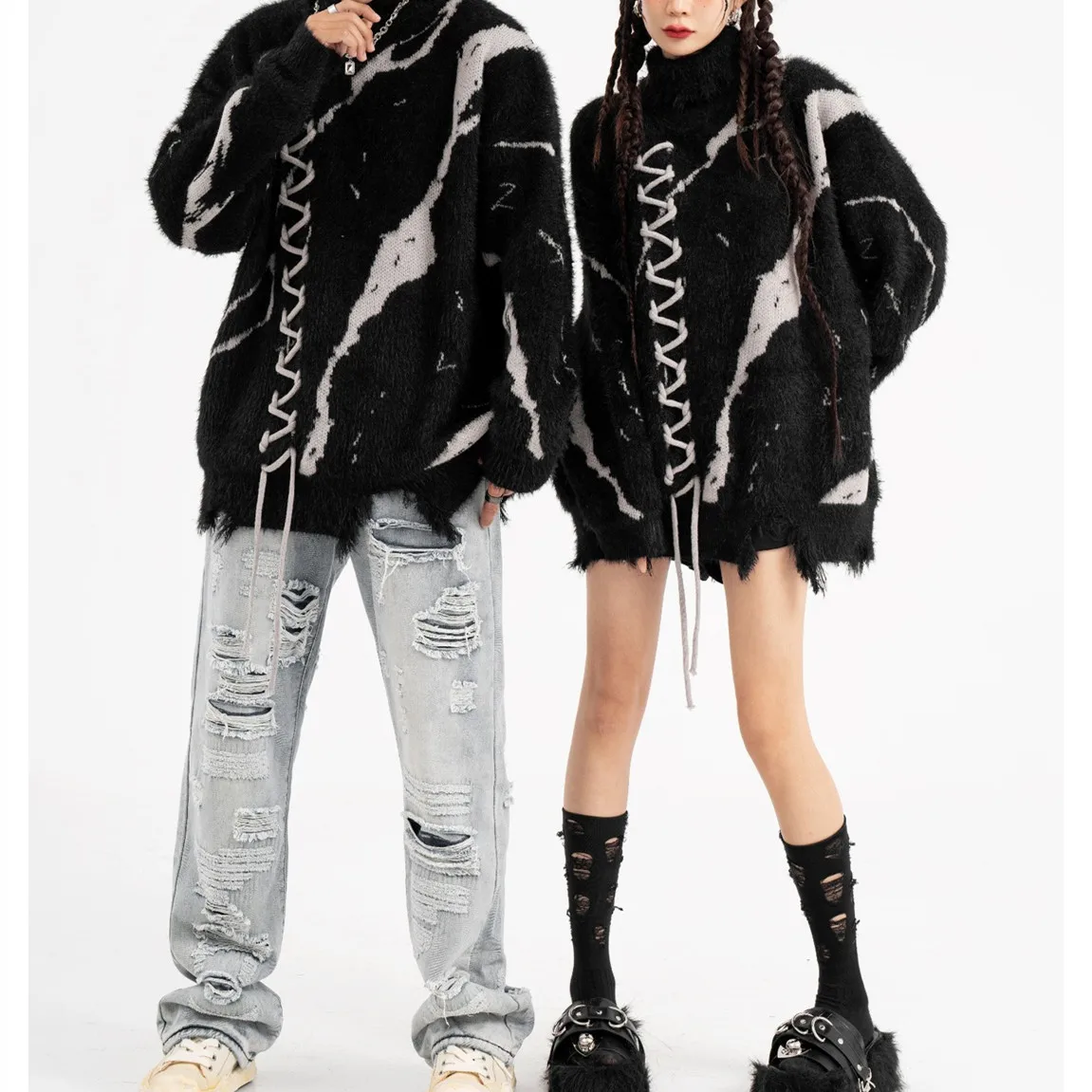 

Sweaters Men's High Street Dark Broken Jacquard High Neck Knitwear Couple Shirt Autumn and Winter