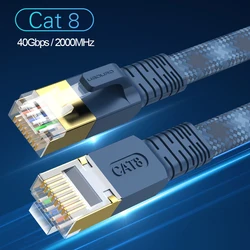 High - Speed CAT 8 Flat Nylon Braided Ethernet Cable - 40Gbps 2000MHz with Round RJ45 Connector - 0.5m (Gradient Blue Flat)