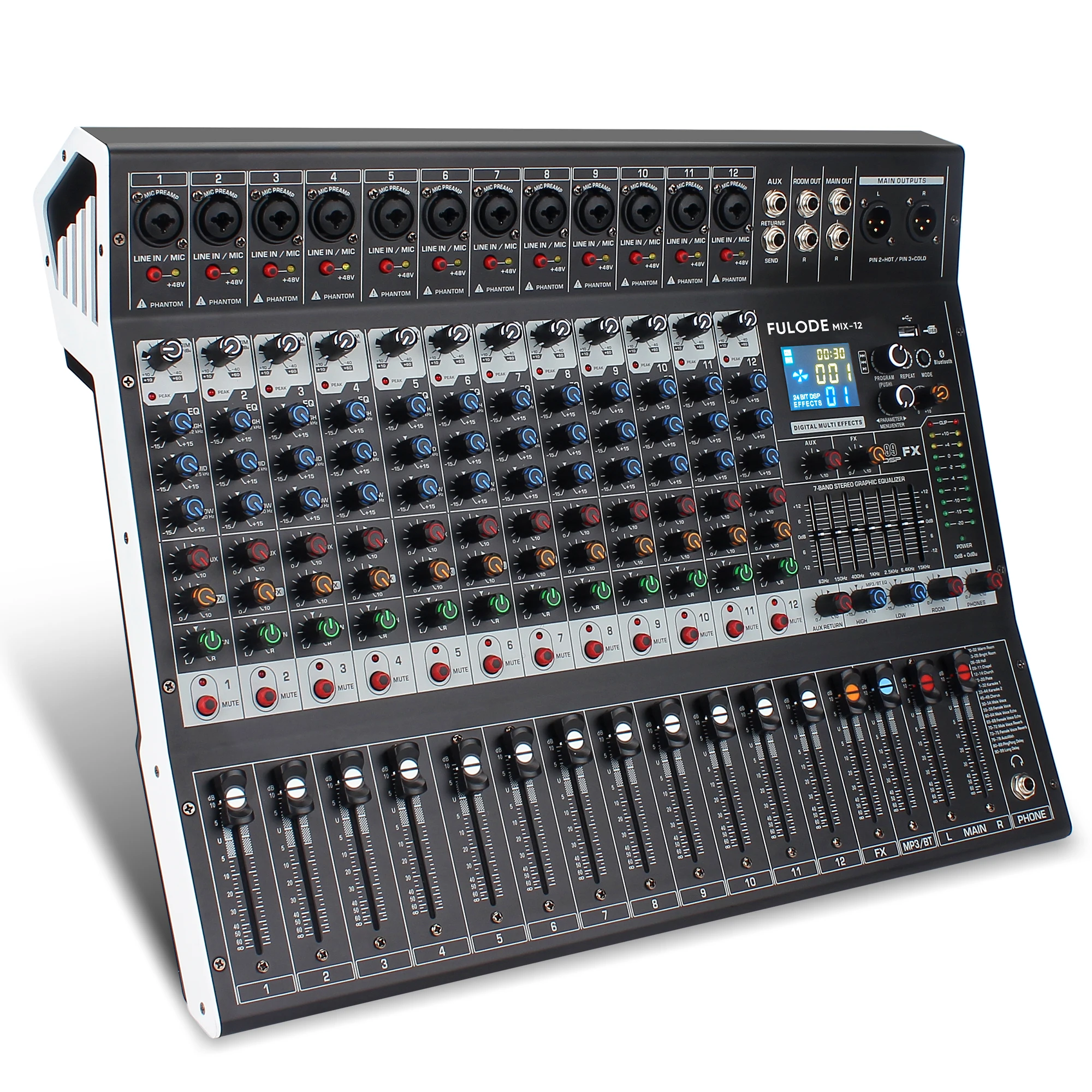 12채널 전문가용 오디오 믹싱 사운드 보드 콘솔, 99비트 DSP USB MP3 기능 탑재, PC 녹음용 XLR 마이크 잭