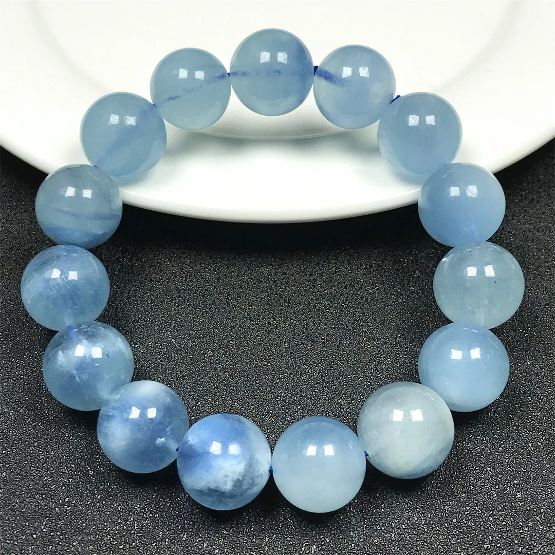 

14mm Natural Ocean Blue Aquamarine Bracelet Jewelry For Woman Man Wealth Healing Gift Crystal Beads Rare Gemstone Stone Strands