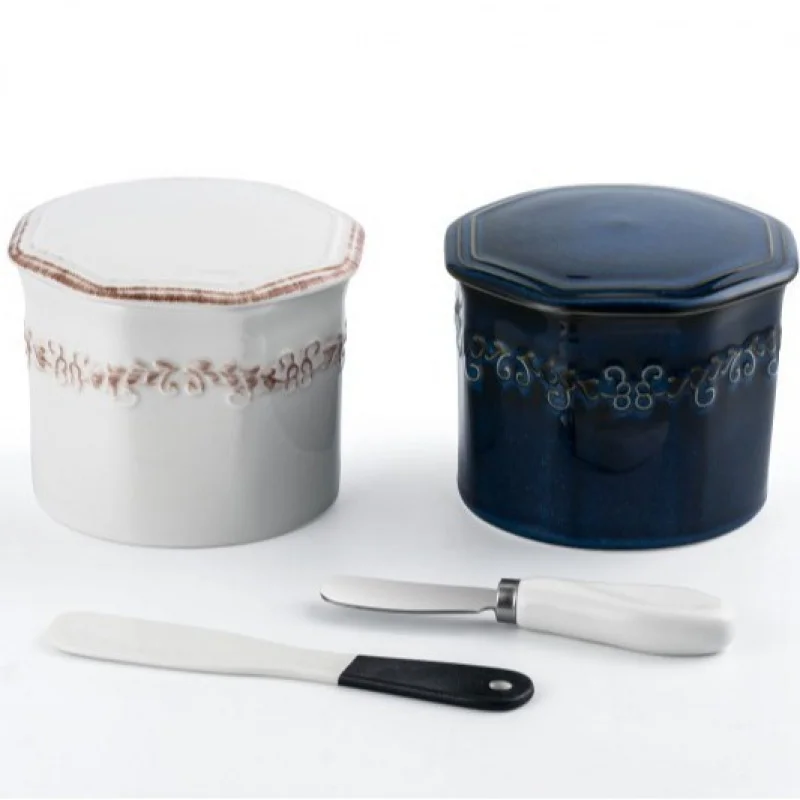 French Butter Crock with Lid for Kitchen Countertop,Ceramic Soft Butter Dish with Knife,Cheese Container Keeper With Waterline