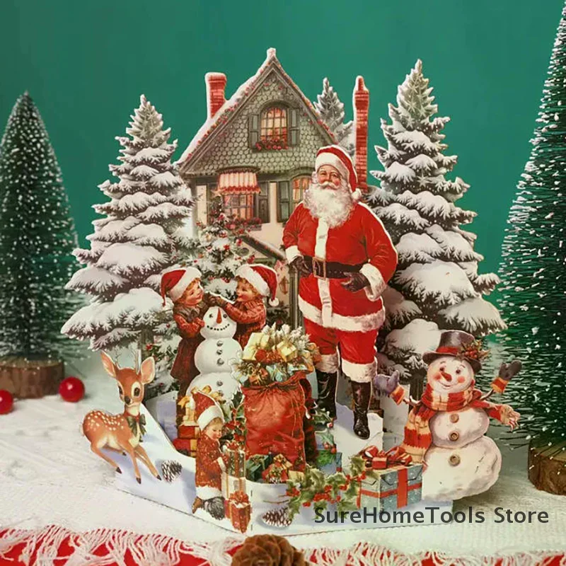 3D Christmas Card Night Before Christmas Scene With Santa, Reindeer, Snowy Village & Moonlit Sky Festive Holiday Greeting Card F