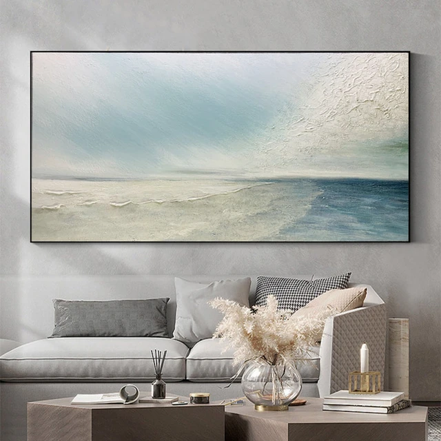 Pintura al óleo sobre lienzo pintada a mano, paisaje marino abstracto,  paisaje costero, cielo azul, nubes blancas, arte de pared grande -  AliExpress