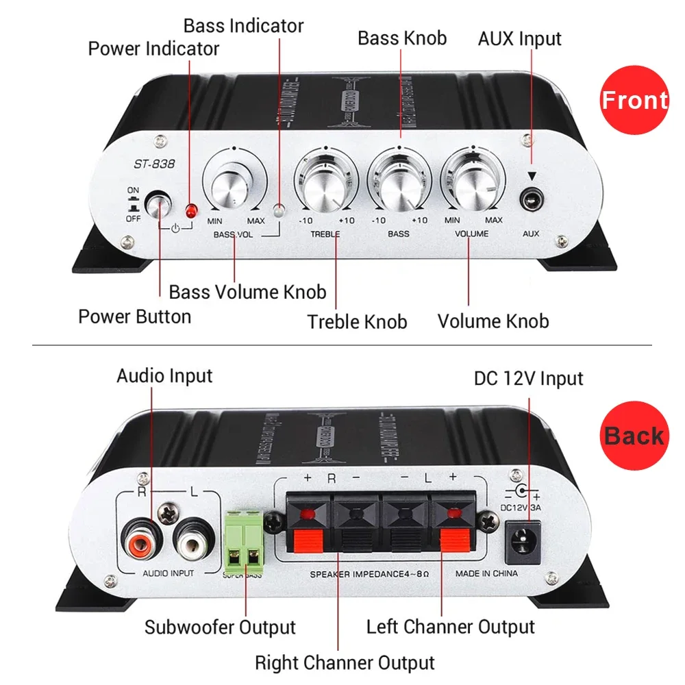 ST-838 HIFI 오디오 앰프, 2.1 CH 차량용 미니 파워 앰프, 트레블 베이스 조정, 20WX2 + 40W RMS 디지털 서브우퍼
