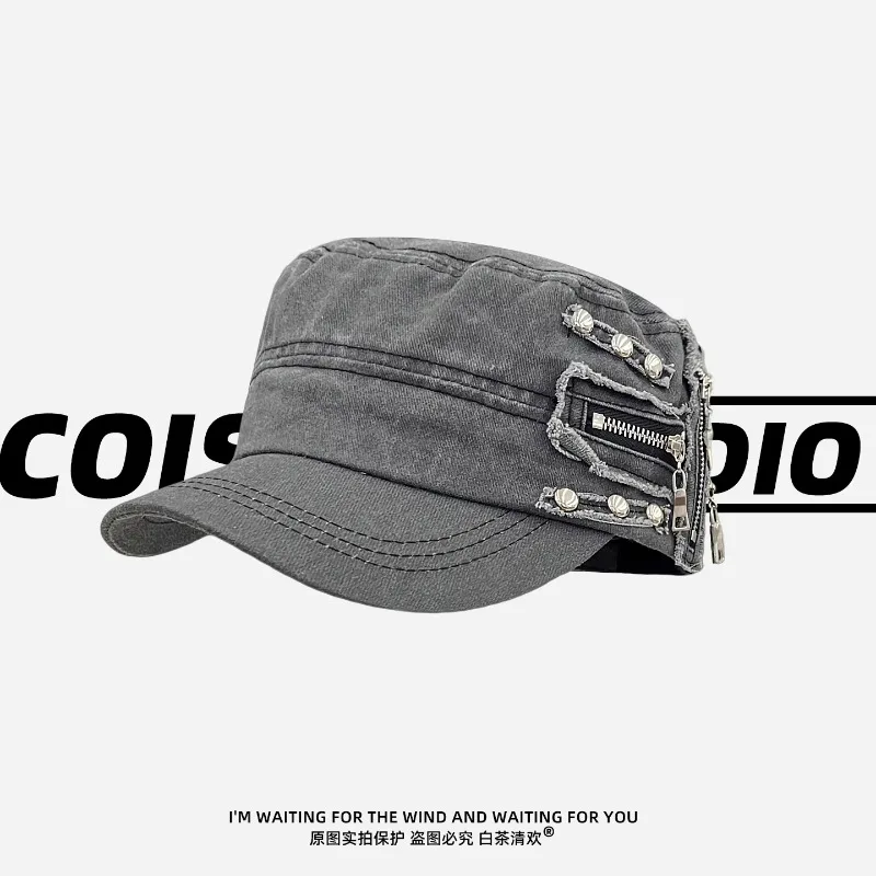 개인화 된 리벳 지퍼 디자인 플랫 탑 야구 모자 Y2K 봄 여름 여행 태양 보호 다목적 레트로 Newsboy Hat 여성