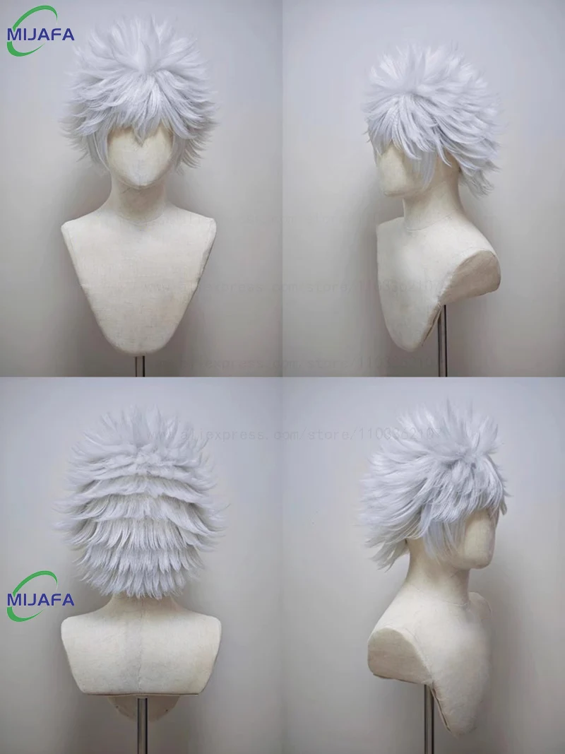 High Quality Anime Hunter Killua Zoldyck Cosplay Wig 30cm Short Silver White Heat Resistant Synthetic Hair Party Wigs + Wig Cap