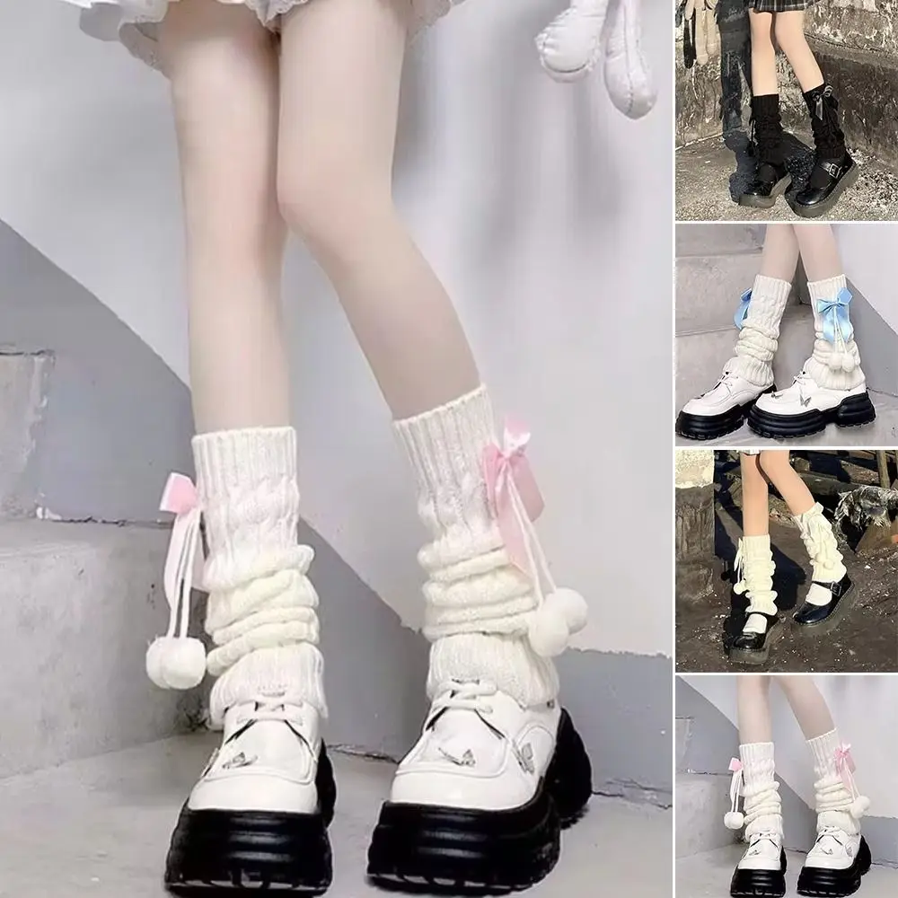New Lolita Knitted Leg Warmers Fleece Lined Thermal Pom-pom Leg Warmers Bowknot Leg Covers