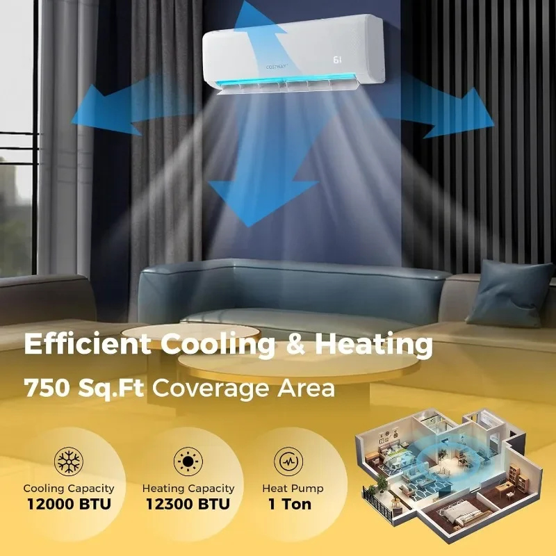 COSTWAY 12,000 BTU Mini Split Air Conditioner, with Heat Pump, Energy Star, 21 SEER2 Inverter, 24H Timer, Auto Clean 4