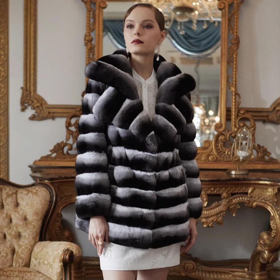 

Fur Coat Women Real Rex Rabbit Fur Jacket Chinchilla Fur Mid Length Whole Fur Coat Best Selling 2023 Women's Jacket