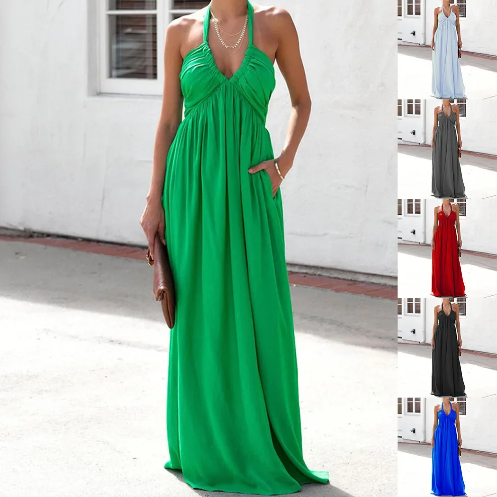 

European and American Spring and Summer Sexy Hollow Dress Solid Color Dark V-neck Halter Sleeveless Halter Mopping Long Dress