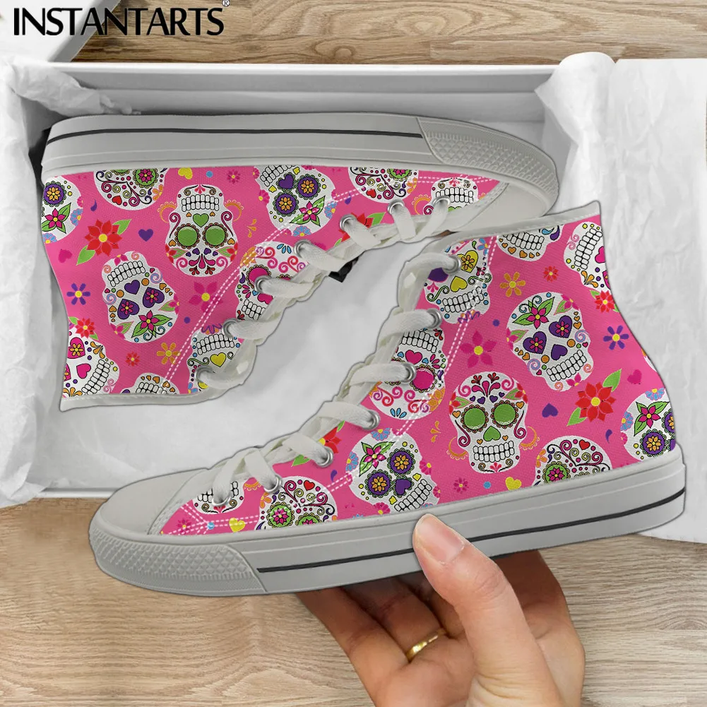 

INSTANTARTS Sugar Skull with Rose Flower Print Men's High Canvas Comfort Teen Boys Girls Vulcanized Shoes Casual Ladies Sneakers