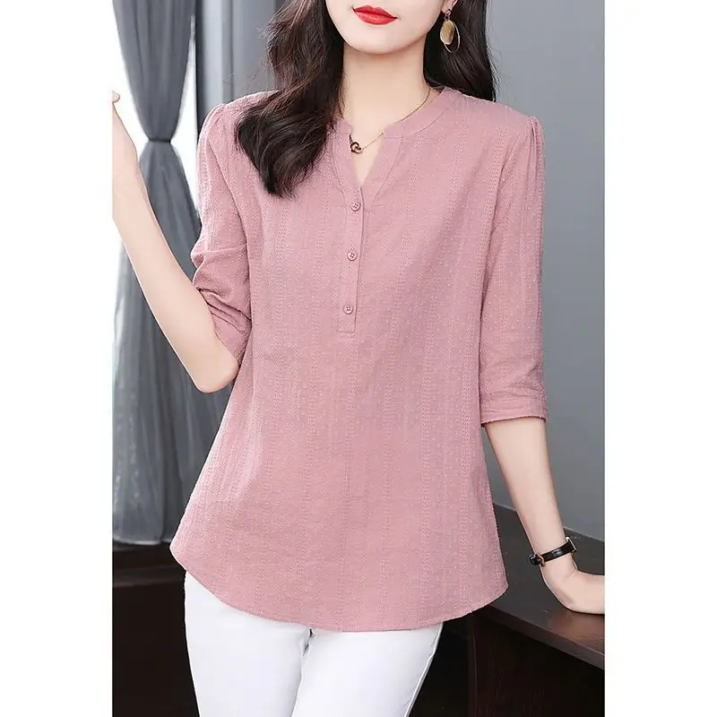 Korean Simple V Neck Half Sleeve Solid Loose Ladies Tops 2023 Summer Fashion Elegant Vintage Embroidery Shirts Blouses for Women