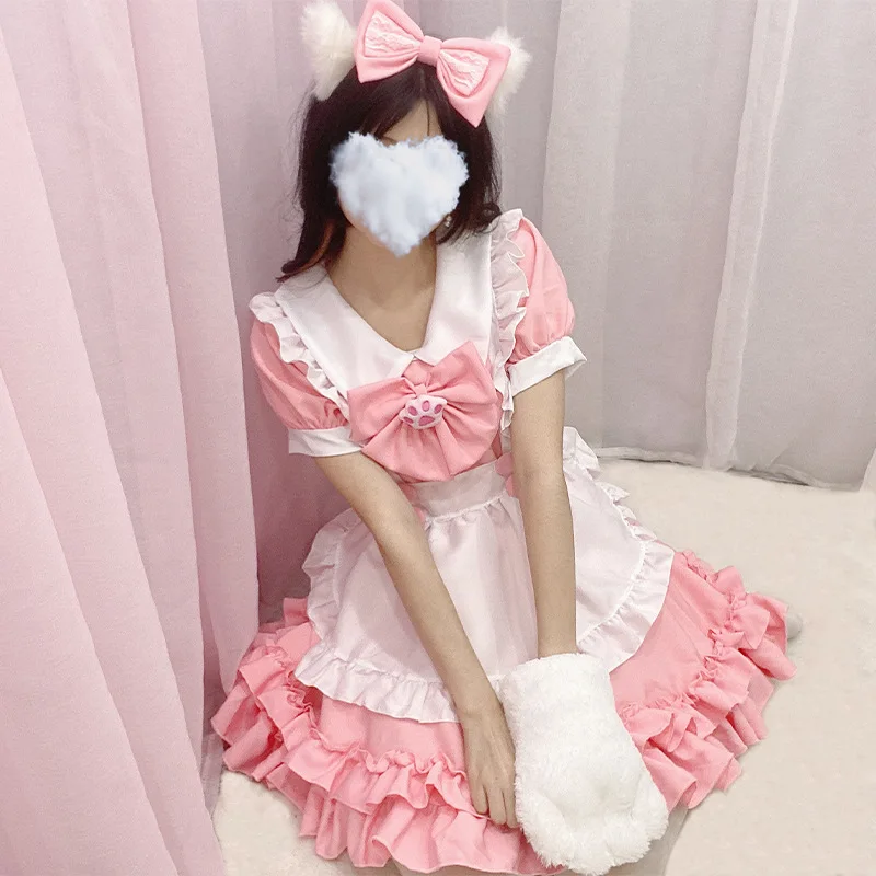 Lolita Cosplay Fantasias para Estudante, Pata do Gato Kawaii, Avental Rosa,  Roupas de Empregada, Ruffles de