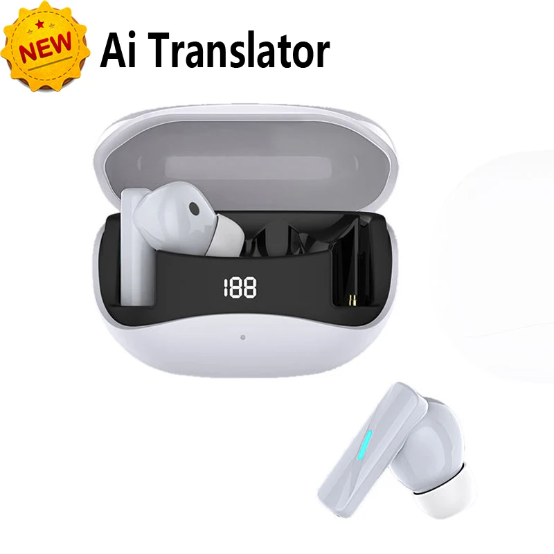 Bluetooth translation earphones waterproof smart digital display multi-language translation colorful light earplugs