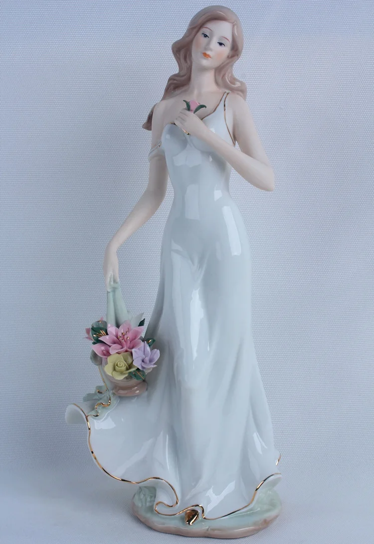 

Porcelain Lady with Flower Basket Sculpture Ceramic Belle Character Miniature Gift and Craft Ornament Accessories Embellishment