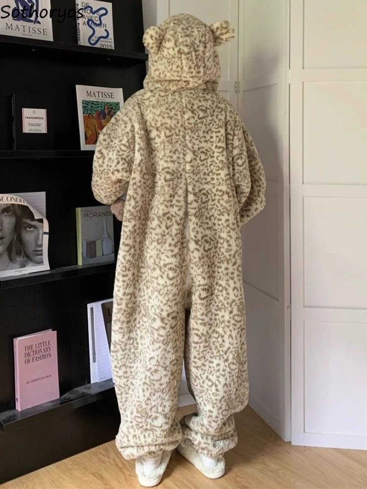 Kawaii Leopard Winter Sleepwear Hooded Pajamas Onesies Women Thicken Coral Velvet Sweet Youth Nightwear Party Loose Home Wear