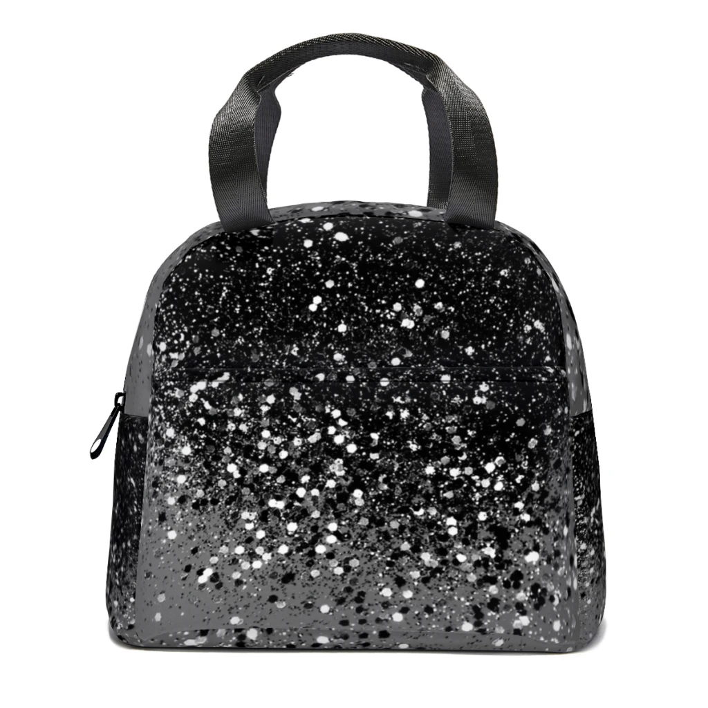 

Dark Gray Black Lady Glitter Lunch Bag for School Waterproof Picnic Thermal Cooler Insulated Lunch Box Women Kids Tote Bags