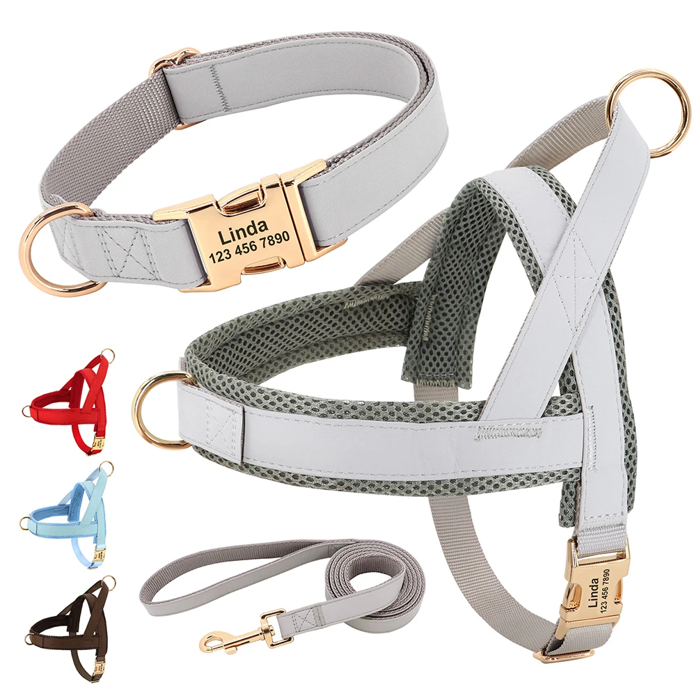 Personalisierte Leder Hund Kragen Harness Leine Set Pet Mesh Weste Harness Angepasst ID Pet Führt Für Small Medium Large Hunde