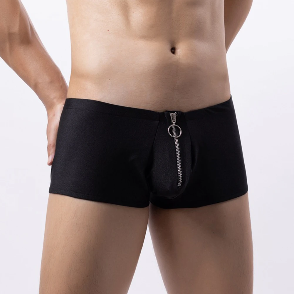 Sexy Mens Zip Flat Boxers Intimate Elastic Underpants Trunks Comfortable Soft U Convex Bulge Pouch Sissy Boxer Briefs Underwear sexy flat boxers men ice silk seamless intimate boxer briefs pouch underwear good stretchy swim shorts trunks underpants