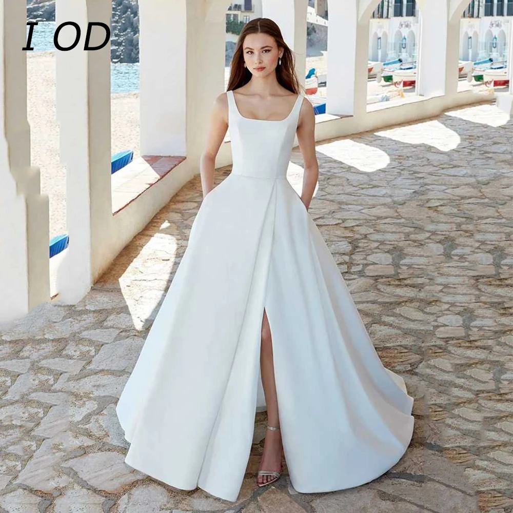 

I OD Minimalist Square Neck Women's Wedding Dress Open Back Split Floor Sweeping Wedding Dress Hidden Zipper De Novia