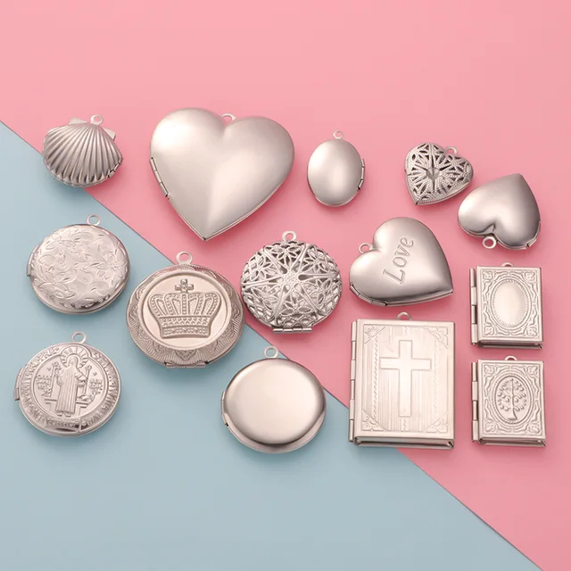 5Pcs/Lot Stanless Steel Heart Book Vintage Sea Shell Album Box Pendant Photo Frame Locket Charms for DIY Memory Necklace