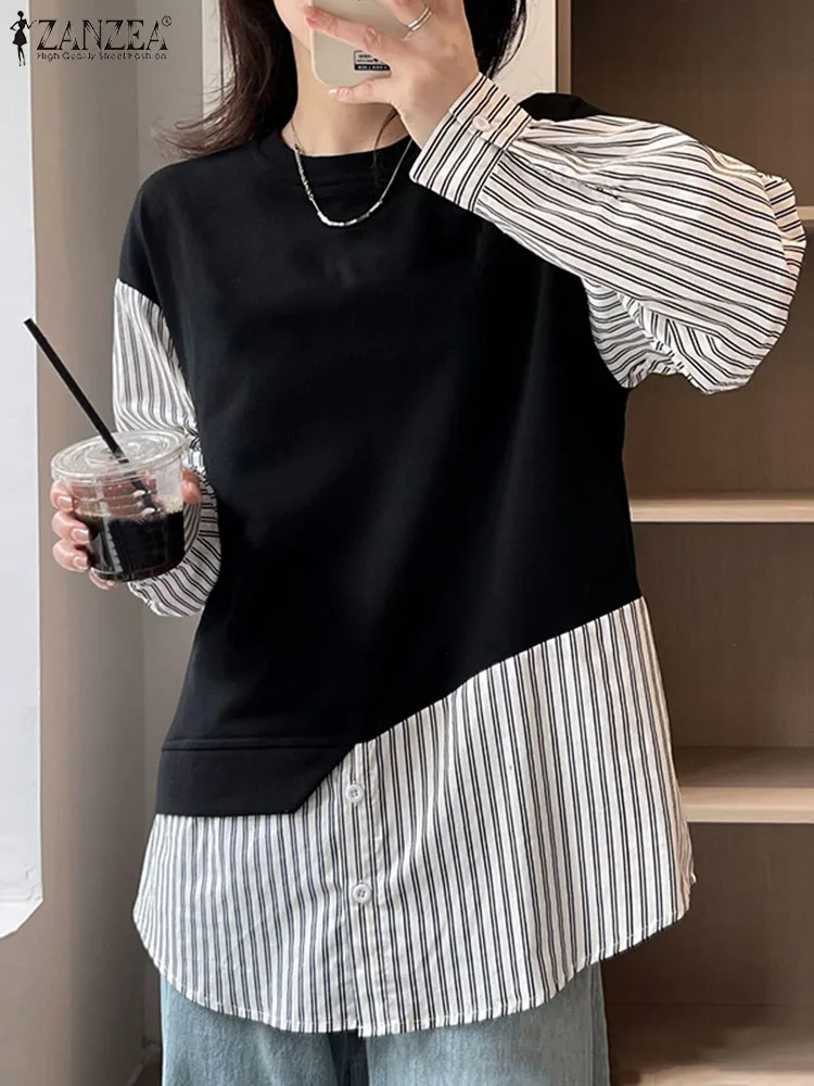 2024 ZANZEA Casual Stripe Patchwork Sweatshirts Fashion Button Cuffs Hoodies Long Sleeve O-Neck Pullover Woman Elegant Chemise