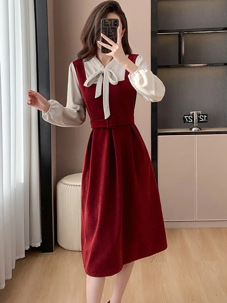 

Autumn Winter Red Patchwork White Long Sleeve Midi Dress Women Chic Bow Collar Y2k Dress 2023 Korean Elegant Bandage Party Dress