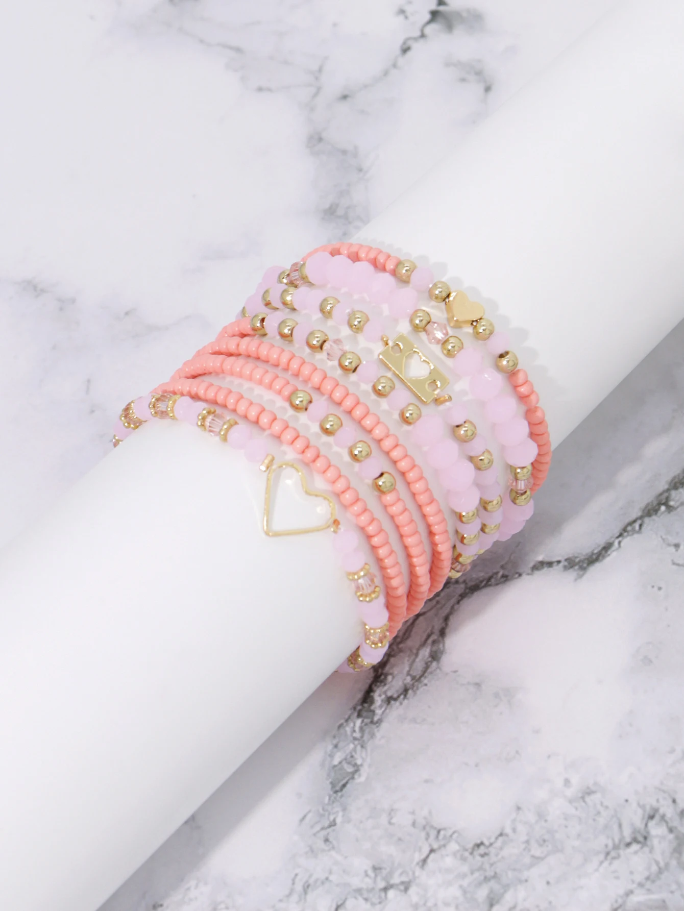 8PCS Pink Bead Bracelet Set for Women