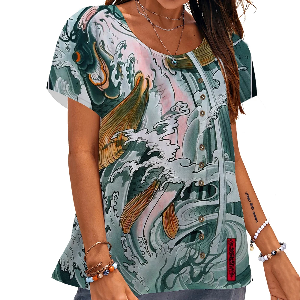 

CLOOCL Ukiyo-e Women T-shirt Surge Fish Genre Painting 3D Print Tee Button Decorate Short Sleeve Blouse Artistic Aesthetic Tops