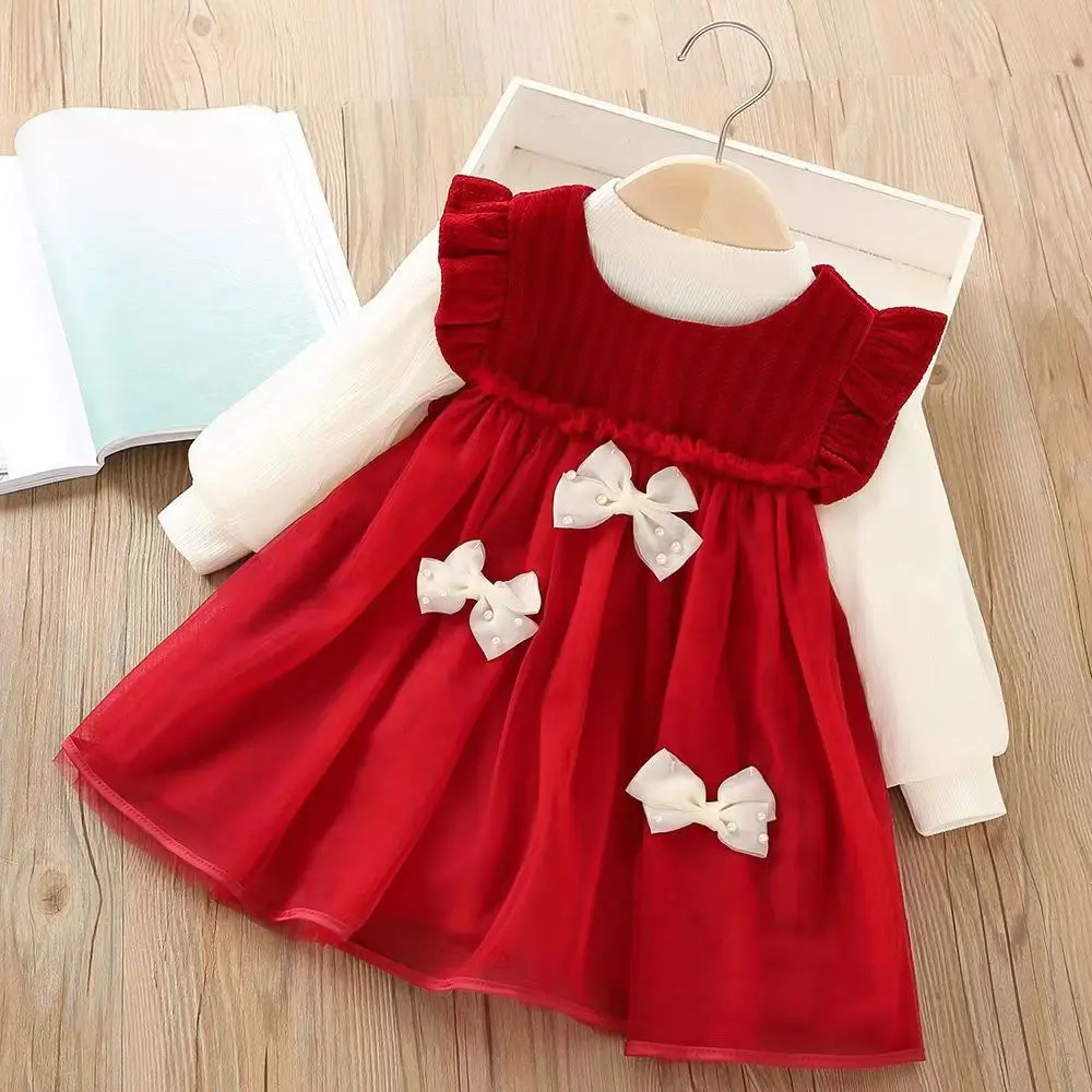 

Toddlers and Baby Girls' 2Piece Dress Clothing Sets 1-6Year Infant Red Sleeveless Dresses and Long Sleeve Tops Children Outfits