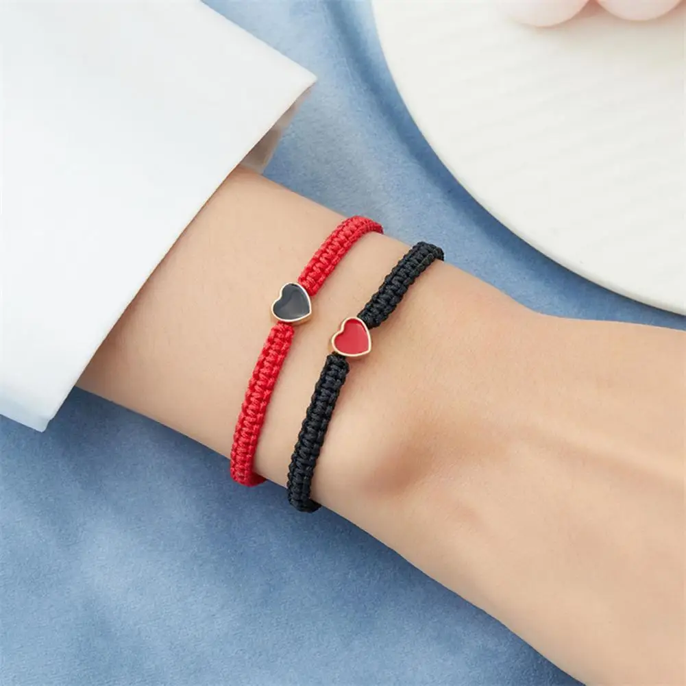 

2Pcs Couple Braided Bracelets Heart Decor Unisex Bracelet Adjustable Length Good Luck Bracelet Valentine Day Gift Wrist Jewelry