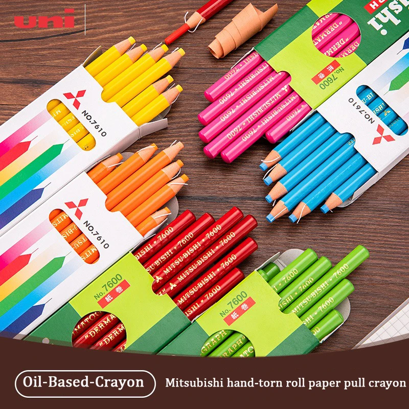 

Uni 12pcs/Set Soft Colored Pencil Japanese Oil-based Hand Tear Paper Crayon Pull Line No-Sharp Crayons for Metal Ceramics Wood