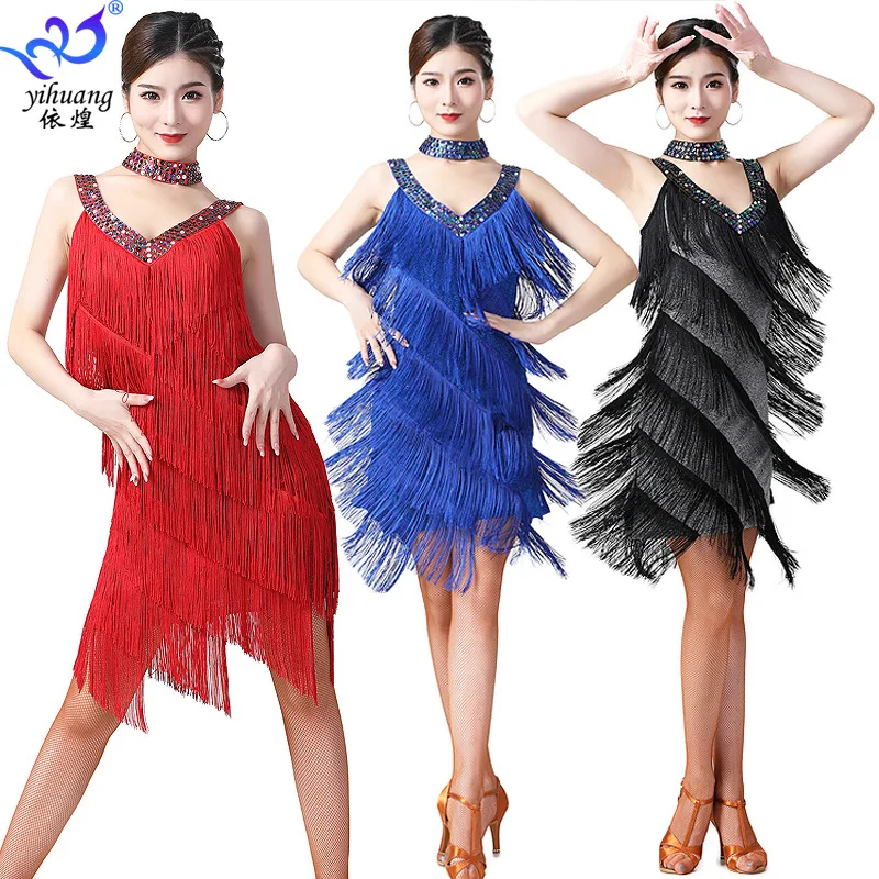 

1pcs/lot woman fashion tassel v-neck latin dancing dress lady sexy fringe cha cha latin dancing dress