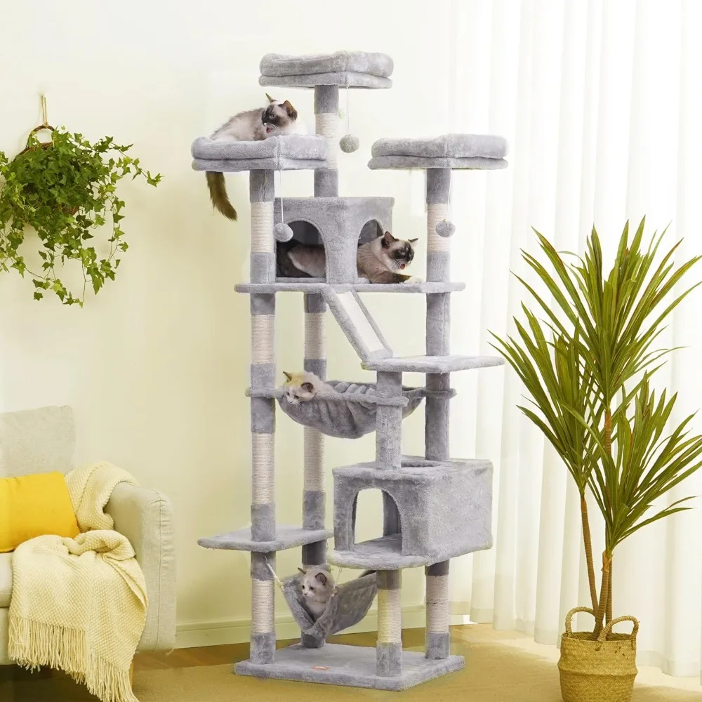 

73 Inches Tall Cat Tower for Large Cats 20 Lbs Heavy Duty for Indoor Cats Cozy Basket and Scratching Posts Light Gray Cat Tree