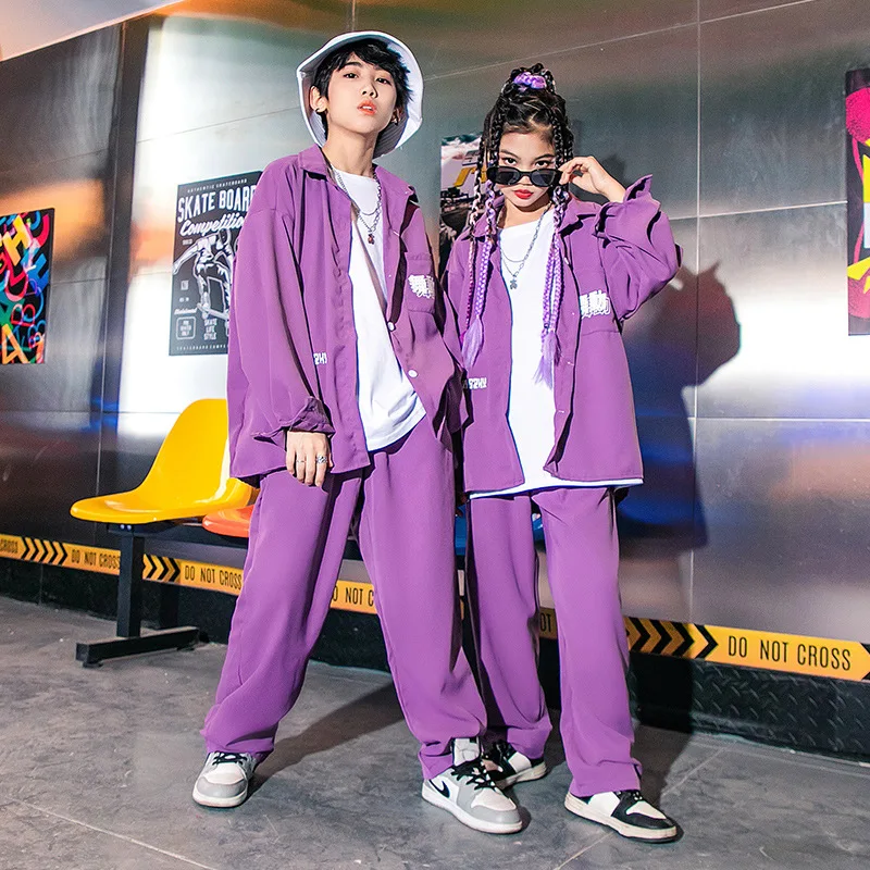 

Kids Kpop Hip Hop Clothing Suit Purple Shirt Top Baggy Pants Streetwear Sets for Girl Boy Jazz Dance Costume Stage Wear Clothes