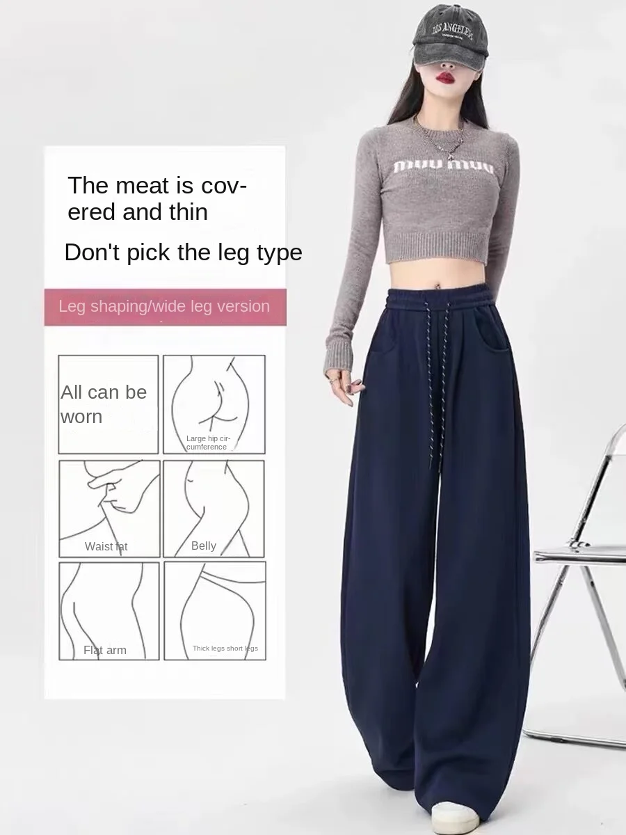 Lazy Style weiße Hose mit weitem Bein, lockere hängende Freizeithose, Damen-Herbsthose mit hoher Taille und geradem Bein, bodenlange Hose, Lon – Detail 2