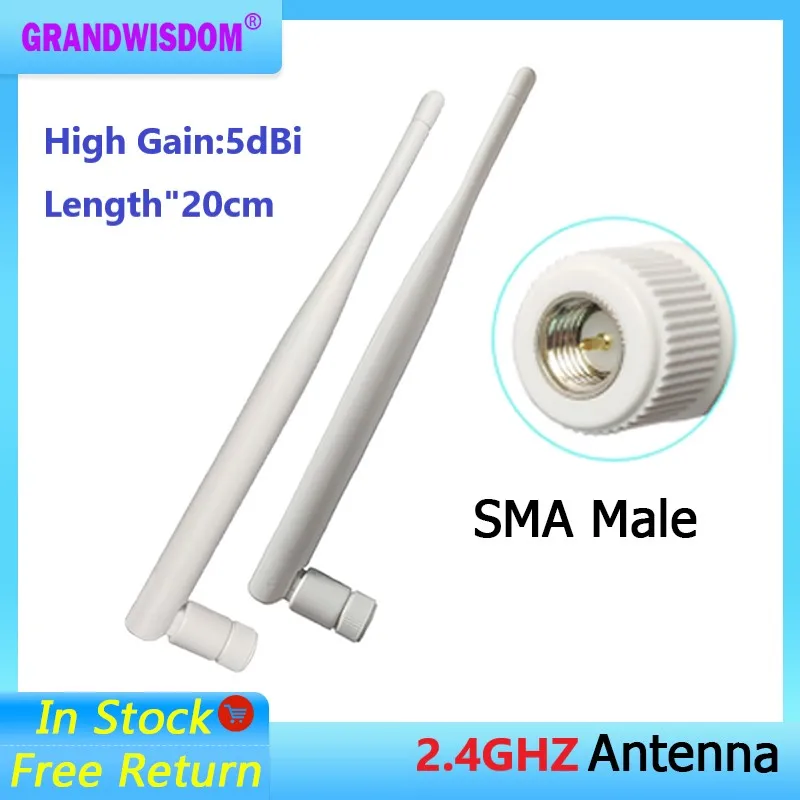 2pcs 2.4G Antenna 5dbi sma male high gain wlan wifi 2.4ghz antene IT module router signal receiver white 20cm antena