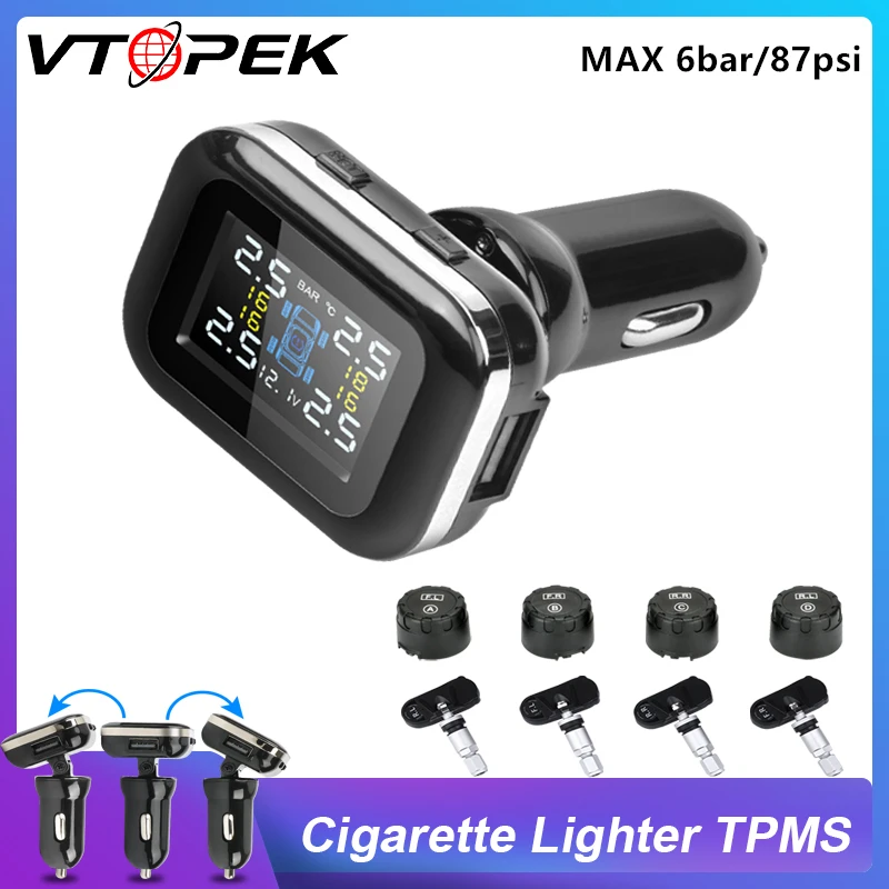 

Vtopek TPMS Car Security Alarm System Tire Pressure Alarm Monitor System 4 Auto Tyre Pressure Sensors Cigarette Lighter